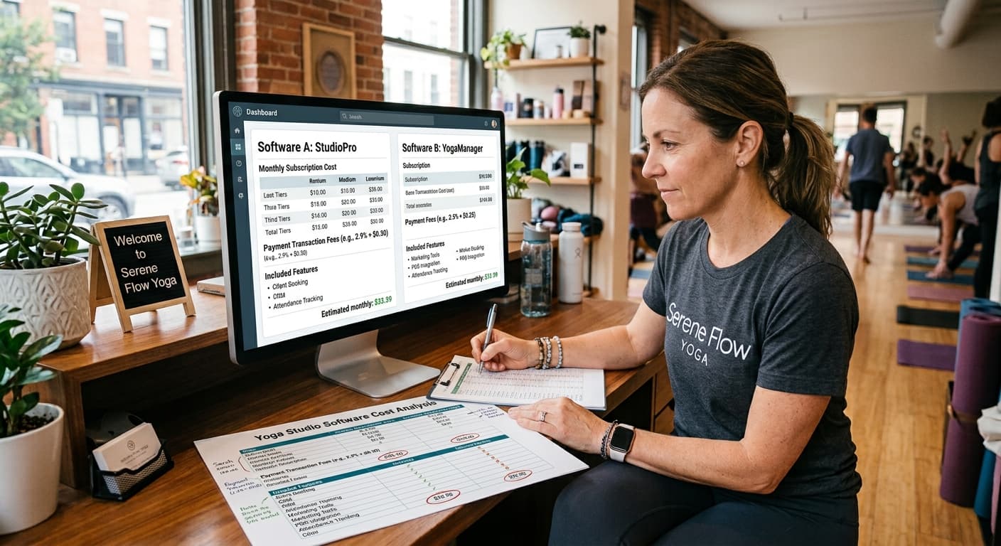 Yoga studio manager comparing software subscription costs, payment fees, and available features.