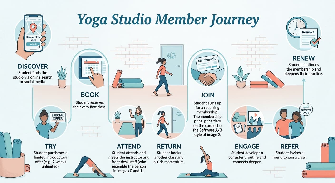 Yoga studio member journey showing the stages from discovering the studio and booking an introductory class to building a routine, referring friends, and renewing a membership