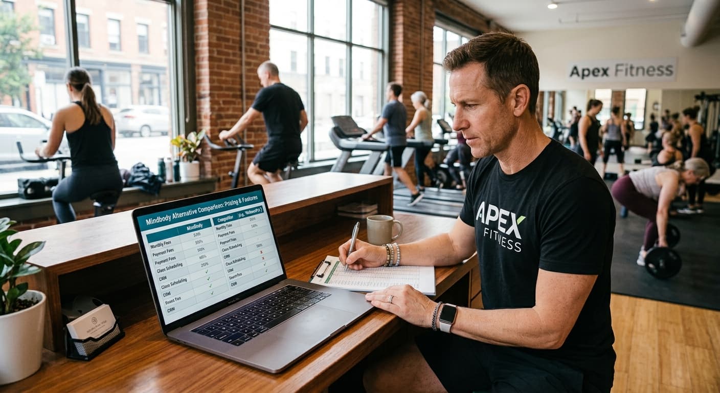 Gym owner comparing fitness management software on a laptop while members train in the background.
