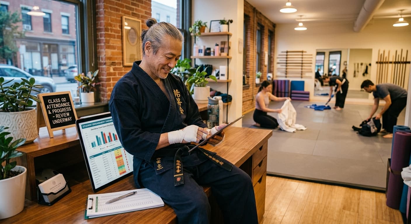 Martial arts instructor reviewing student attendance and progression information on a tablet after class.