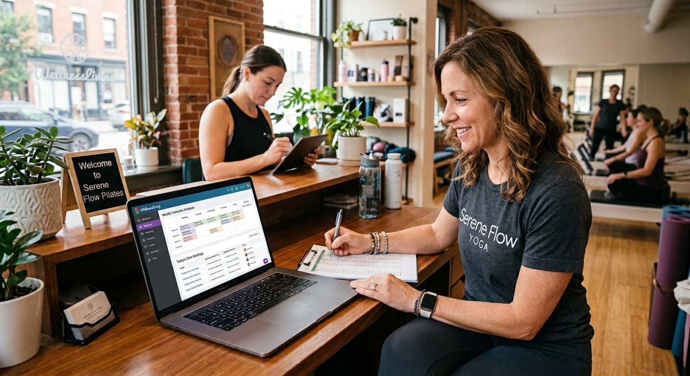 Pilates studio manager reviewing class bookings and instructor schedules at the front desk.