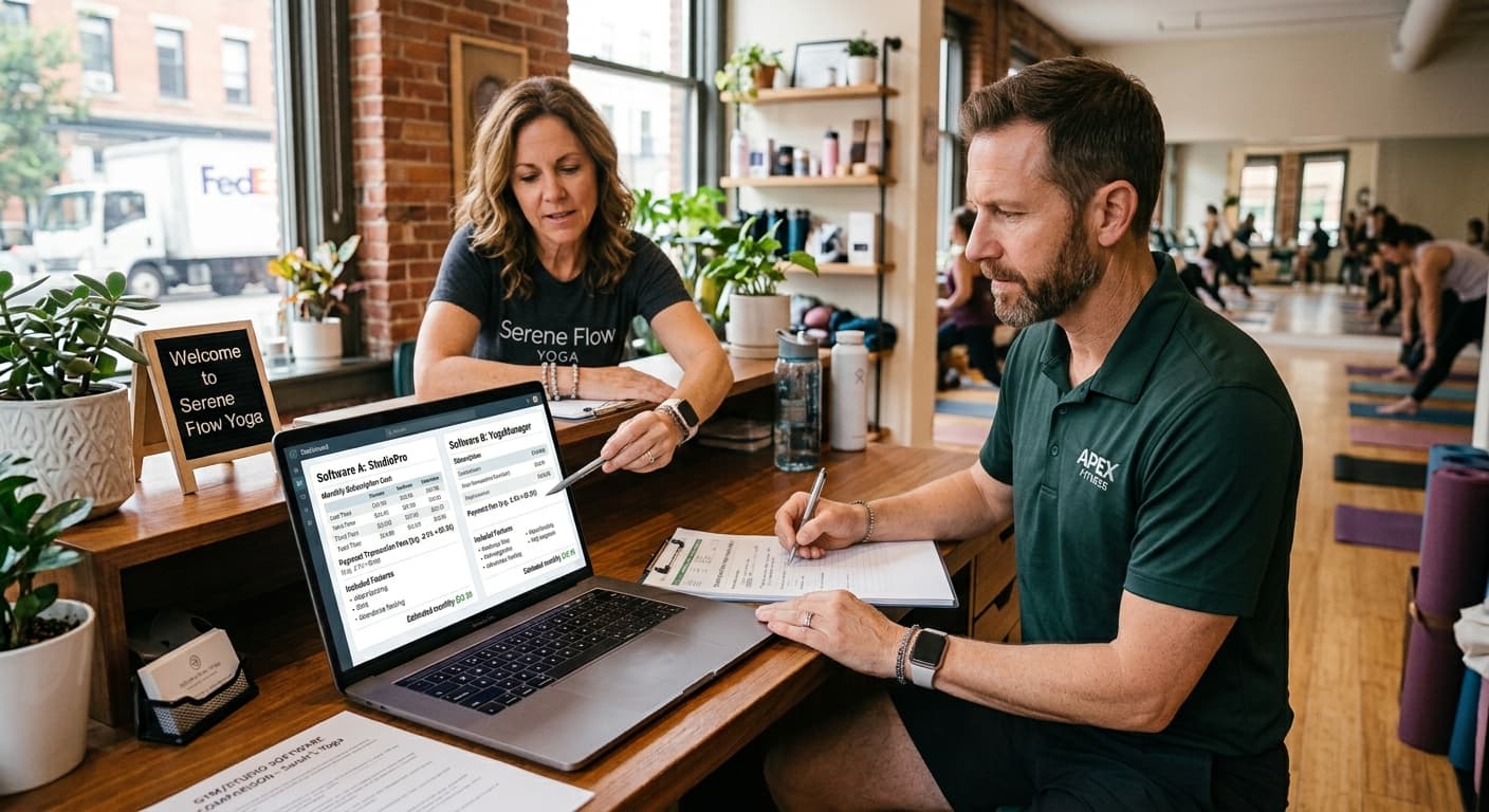 Fitness business owner and manager comparing software proposals and operational requirements at a desk.