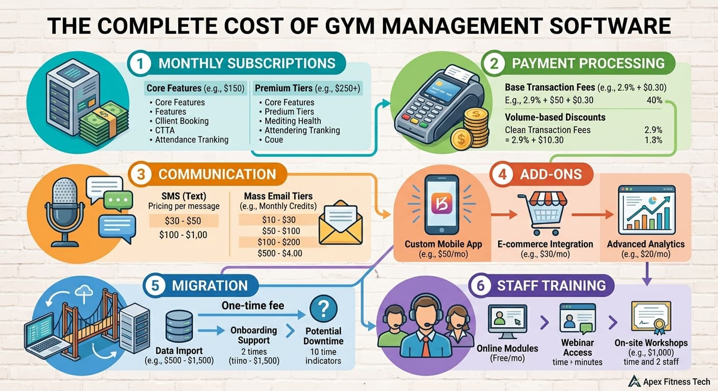 Infographic showing the complete cost of gym management software, including subscriptions, payment processing, communication, add-ons, migration, and staff training.