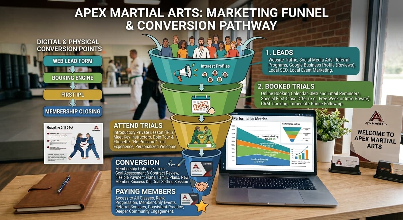 infographics showing the gym marketing funnel from leads to booked trails, attend trails, and paying members